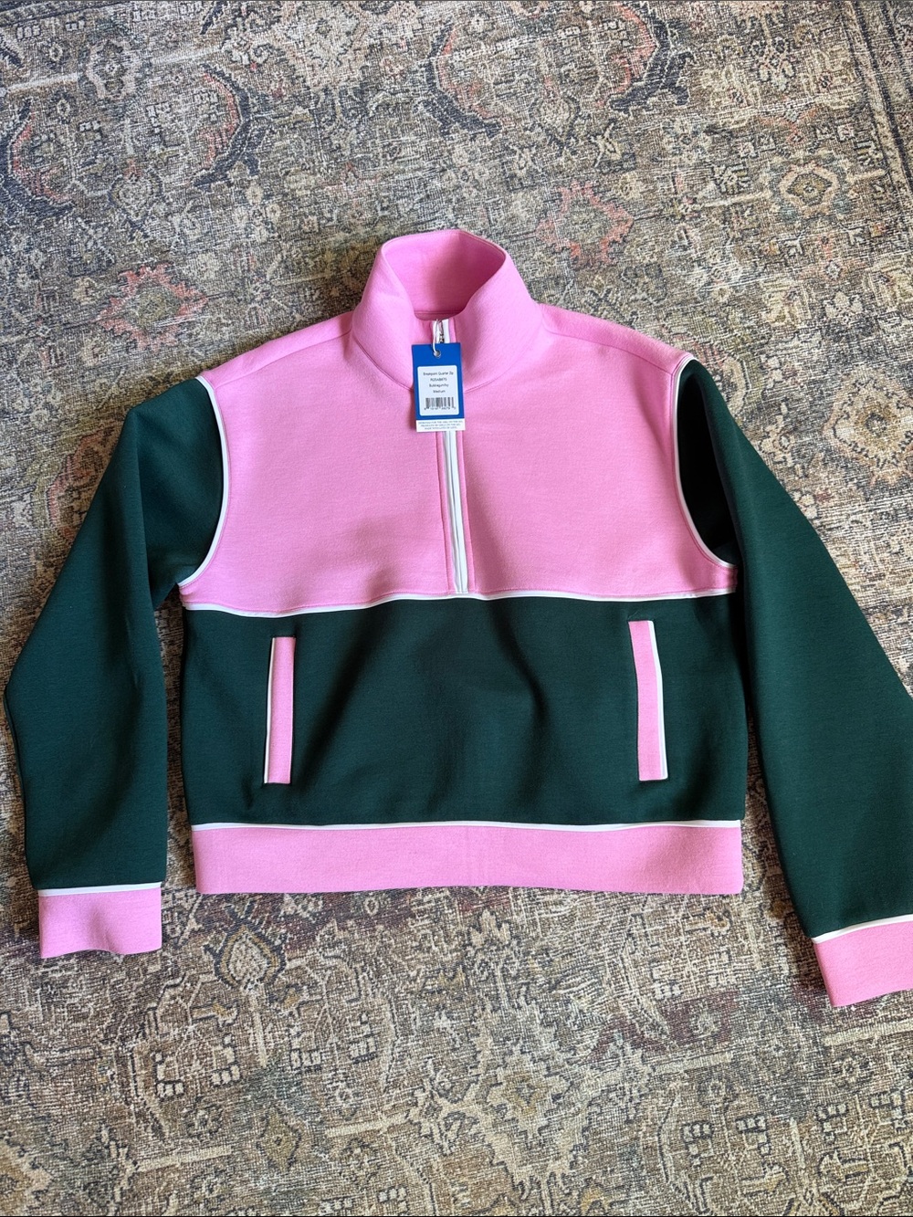 Addison Bay Pink and Dark Green Quarter-Zip Sweatshirt - Picture 4 of 5